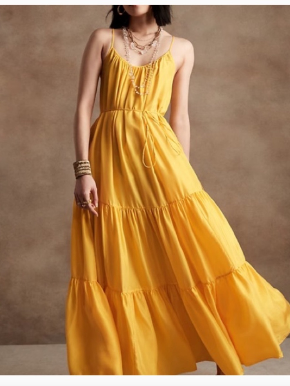 Banana Republic 100% Silk Tent Cana Tiered Yellow Maxi Dress